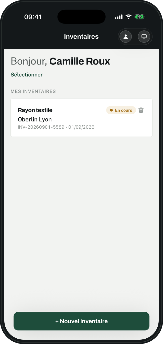 A supervisor's home screen: their inventories, and the button to start another one