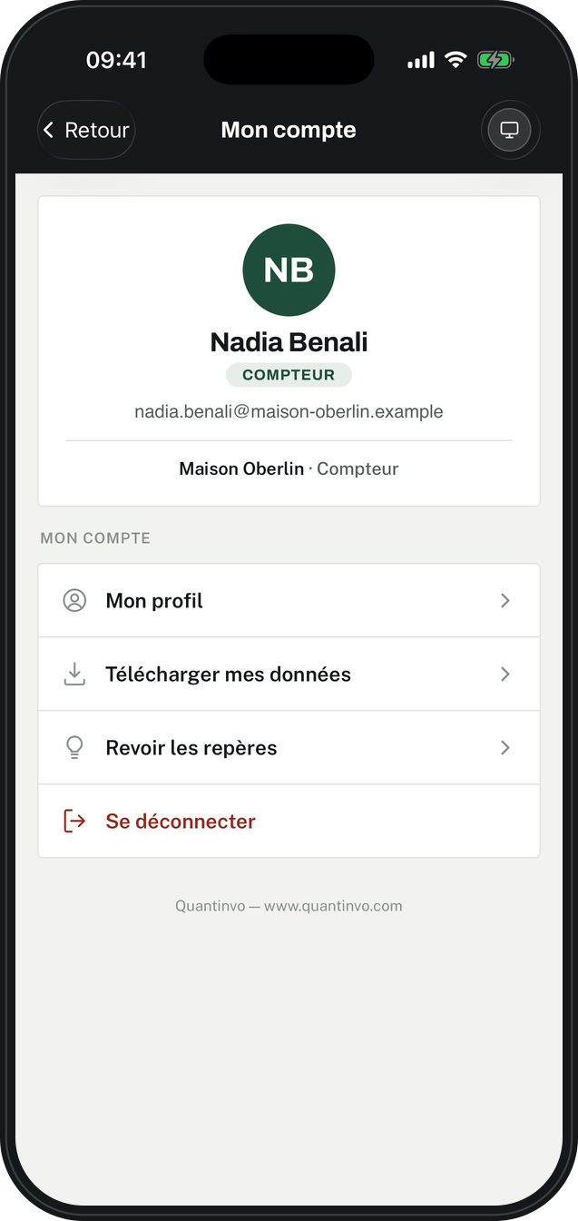 The “My account” screen: profile, download your data, sign out