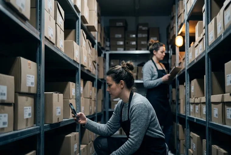 Two people taking stock in a stockroom, one on a phone, the other on paper