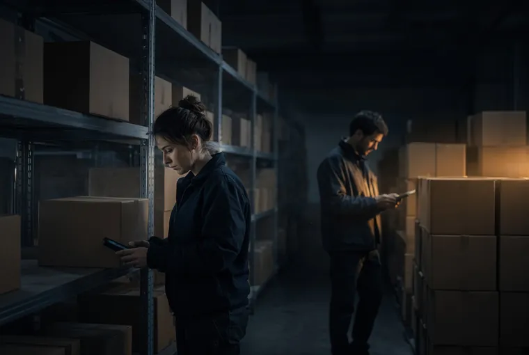 Two people counting on their phones in a dimly lit stockroom