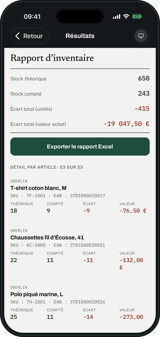 The inventory report: expected stock, counted stock, variance in units and in value