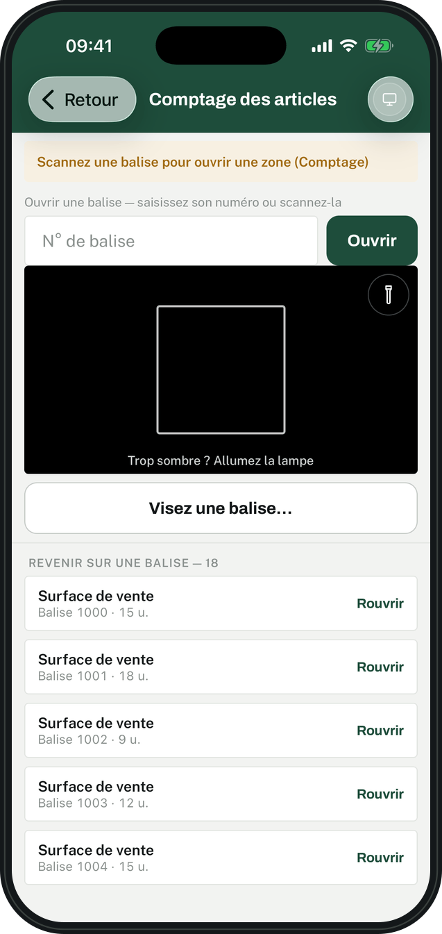 The app's counting screen: open a zone, then scan the items